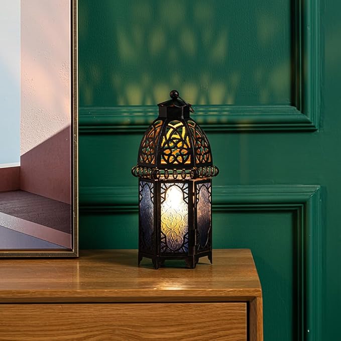 NEEDOMO Hanging Moroccan Lantern, 12.8'' Vintage Candle Holder, Metal Lanterns Decorative Indoor Outdoor, Table, Patio, Porch, Shelf, Gothic Home Decor (Blue, Large Size)-Ruum Studio Home