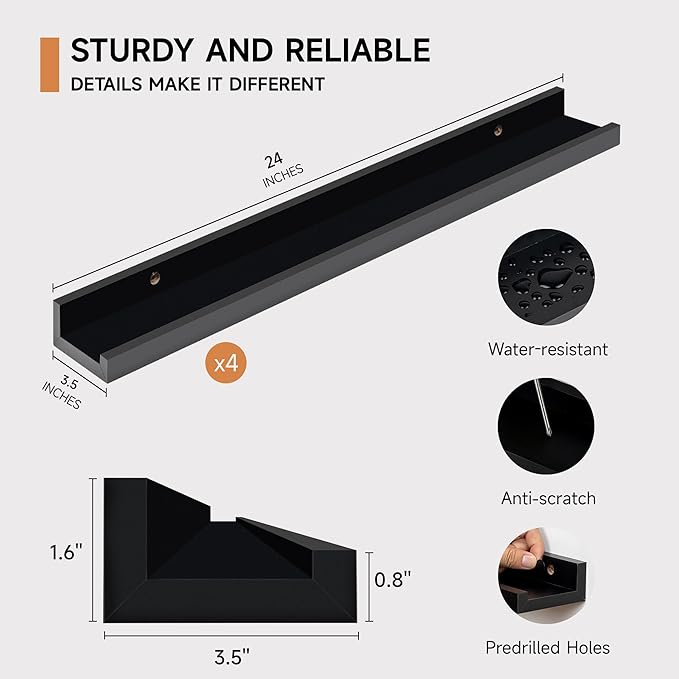 Picture Ledge Shelf for Wall, Floating Shelves Set of 4, 24 Inch Long Nursery Book Shelves for Toys Storage, Kids Bookshelf Wall Mounted for Books Photo Frames, Black-Ruum Studio Home