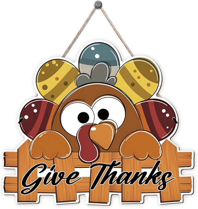 Give Thanks Sign Turkey Front Door Decor Thanksgiving Day Wood Door Hanger, Fall Wooden Thankful Wreath Hanging Decoration for Outdoor Outside Porch, Housewarming Gift-Ruum Studio Home