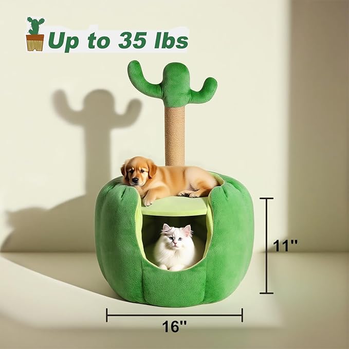 Cat Houses for Indoor Cats, Small Cat Tree with Sisal Ropes and Plush Perch, Cute Cat Bed Cave with Soft Pillow, Cactus Design-Ruum Studio Home