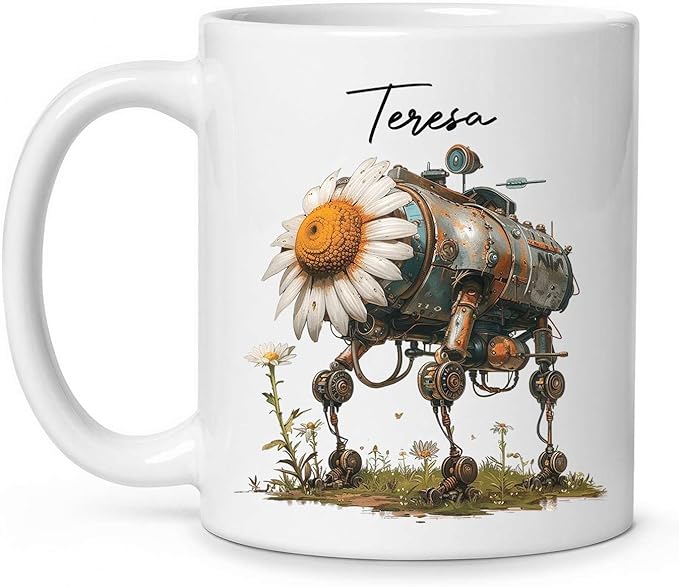 Customized Robotic Daisy Coffee Mug 11oz Or 15oz, Personalized Name On Mechanical Flower Mug, Novelty Ceramic Cup Gift For Tech Enthusiasts, Custom Nature Inspired White Mug-Ruum Studio Home