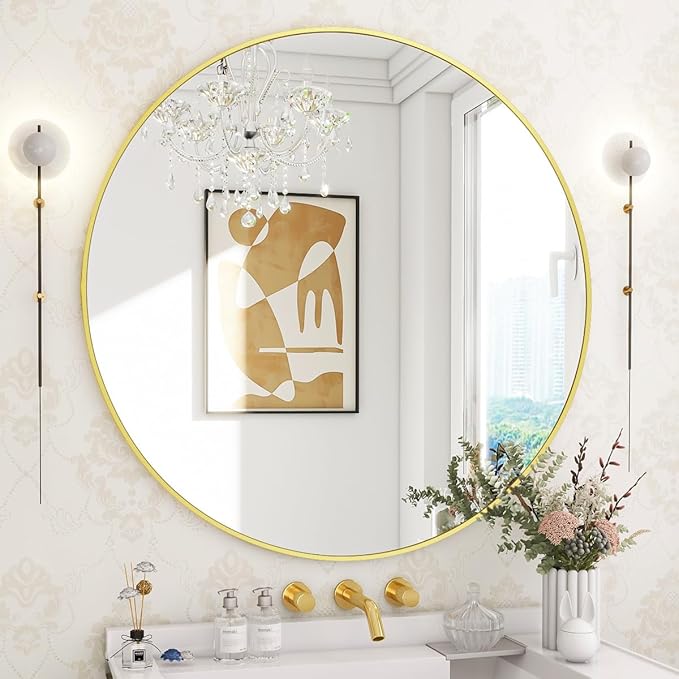 BEAUTYPEAK 30 Inch Round Mirror, Metal Frame Circle Mirror, Wall Mounted for Entryway, Bathroom, Vanity, Living Room, Gold-Ruum Studio Home