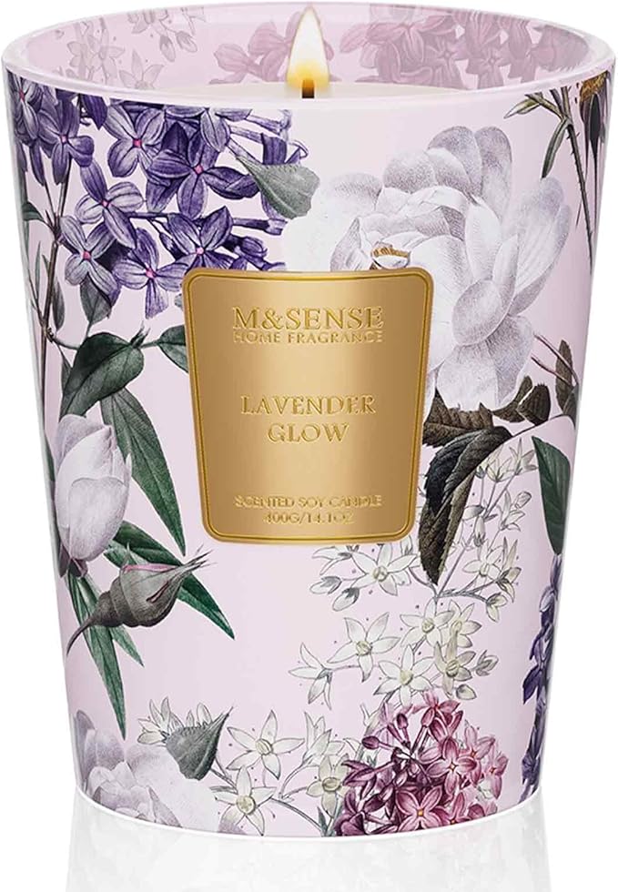 M&SENSE Lavender Glow Scented Natural Soy Wax Candle, 14.1oz 60 Hours Long Lasting Slow Burning Candles for Home Decor, Aromatherapy Candle for Stress Relief-Ruum Studio Home