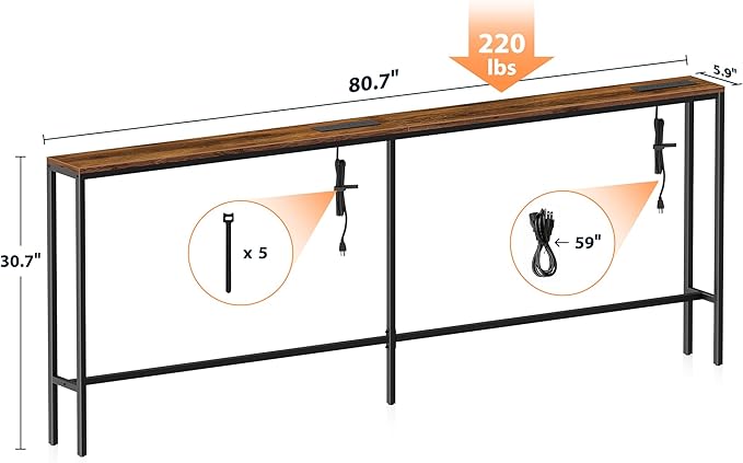 80.7'' Narrow Sofa Table with 2 Power Outlets (6 AC Outlets & 4 USB Ports), Thin Console Tables Narrow Long, Behind Couch Table Skinny for Entryway, Living Room, Hallway, Foyer, Rustic Brown-Ruum Studio Home