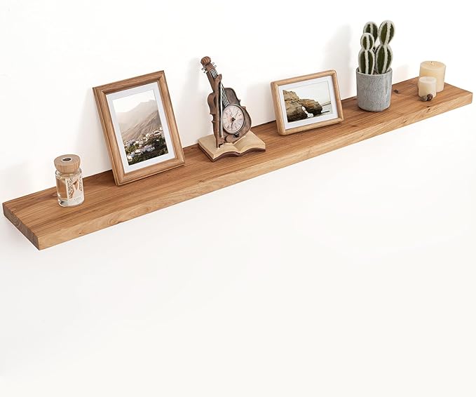 Floating Shelves for Wall Decor, 8" Deep Rustic Solid Elm Wood Floating Shelves Wall Mounted, Wall Shelves with Invisible Bracket for Living Room Bathroom Bedroom Kitchen, 55 Inch Set of 1, Natural-Ruum Studio Home