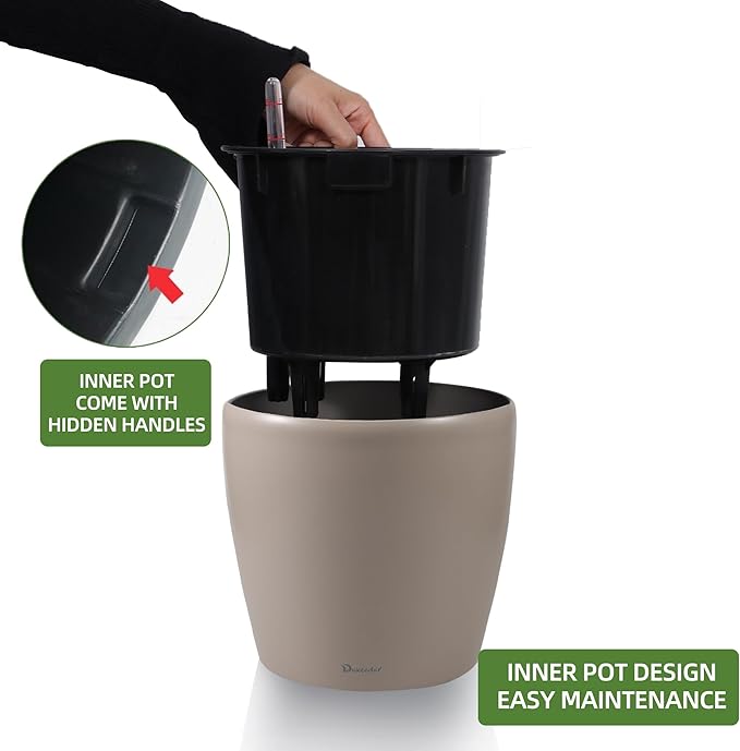 Dexceder 9x8 Inches Self Watering Planter Indoor Outdoor, Inner Pot Design, Thickened Table Flower Plant Pot with Water Level Indicator (Taupe Matte)-Ruum Studio Home