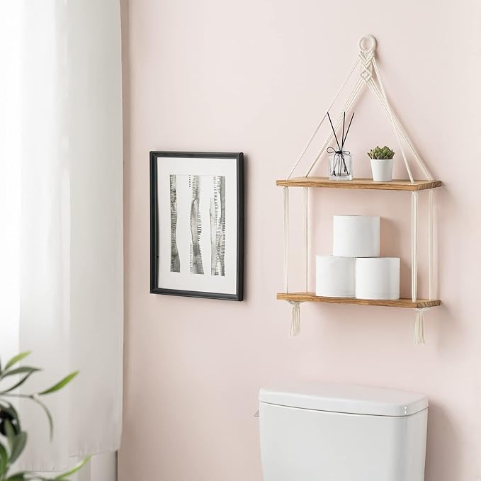 Mkono Macrame Hanging Shelf Boho Wall Decor 2 Tier Handmade Cotton Rope Rustic Wood Floating Shelves Display Photos Plants Hanging Storage Shelving for Living Room Nursery Bathroom Bedroom-Ruum Studio Home