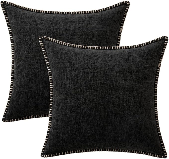 MIULEE Pack of 2 Couch Throw Pillow Covers 20x20 Inch Black Farmhouse Decorative Pillow Covers with Stitched Edge Soft Chenille Solid Dyed Spring Pillow Covers for Sofa Bed Living Room-Ruum Studio Home