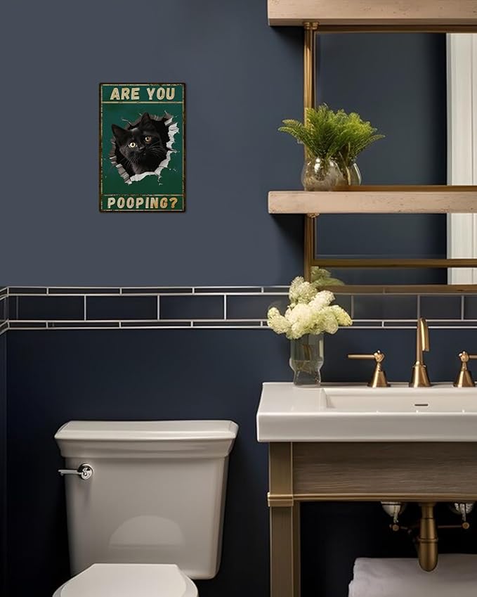 ALKB Are You Pooping Signs Funny Black Cat Sign for Bathroom Wall Decor, Vintage Cat Gift 8 x 12 Inch-Ruum Studio Home