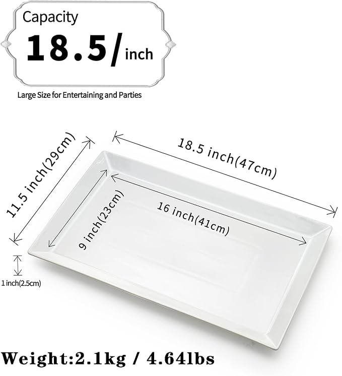 MIECOO Large Serving Platter, 18.5" x 11.5" White Serving Tray, Rectangular Porcelain Plate for Party, Wedding, Birthday, Entertaining, Food, Appetizer, Fruit, Sushi, Dessert-Ruum Studio Home