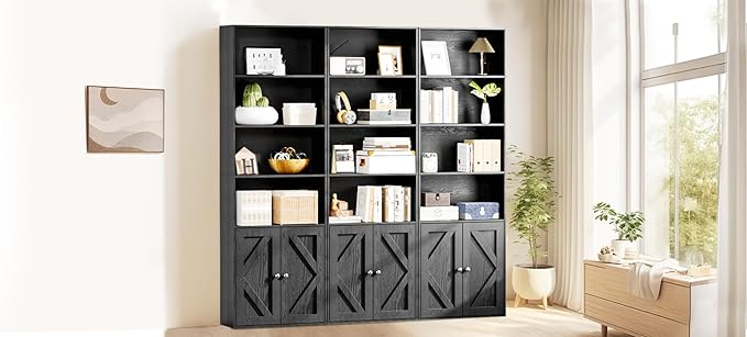 Tall Wooden Bookshelf with Cabinet and Doors – 70.86” Freestanding Tall Bookcase for Heavy Books, Living Room Storage, Home Office Shelf, Bedroom Organization – Vintage Black Wood Book Shelf-Ruum Studio Home