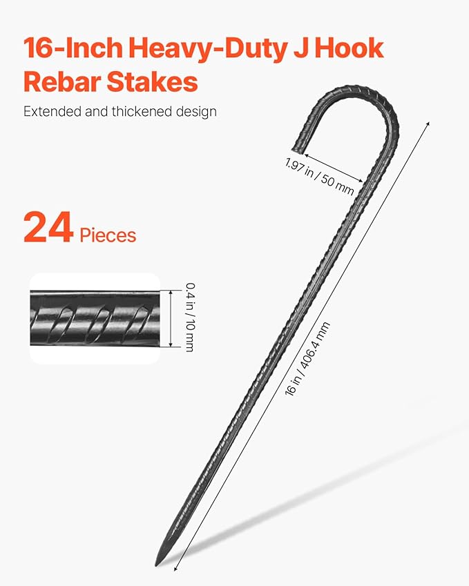 VEVOR Rebar Stakes, 16-Inch, Heavy-Duty 0.4 in Diameter J Hook, Galvanized Steel Ground Anchors with Chisel Point End & Rust-Resistant Coating, for Gardening Support, Fence, Camping Tents (24-Pack)-Ruum Studio Home