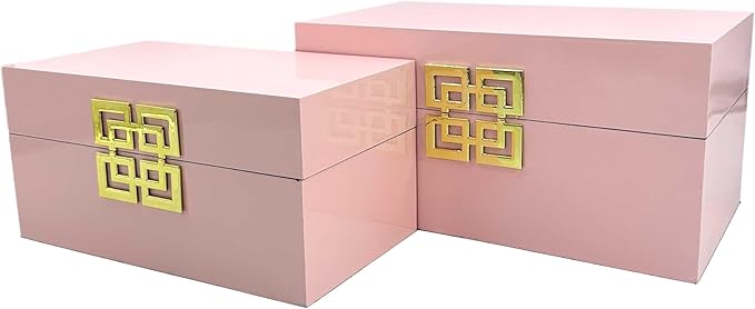 Galt International Storage Box Set Decorative Storage Box w/Hinged Lid Classic Design Wood Decor Boxes with Geometric Clasp Storage for Bedroom & Home - Set of 2 (Pink & Gold)-Ruum Studio Home