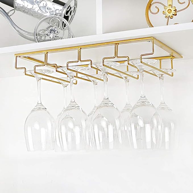 Wine Glass Rack - Under Cabinet Stemware Wine Glass Holder Glasses Storage Hanger 2 Pack Metal Organizer for Bar Kitchen 4 Rows Gold-Ruum Studio Home