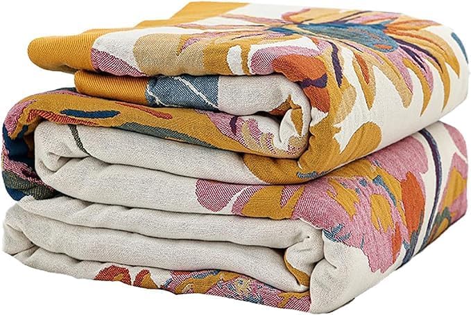 Boho Throw Blanket for Bed,100% Cotton Breathable Muslin Soft Throw, Fall Bed Throw Blanket Floral Bird Butterfly Printed Decor Large Blankets,80"×90" Rustic Farmhouse Throw for Sofa Couch Chair-Ruum Studio Home