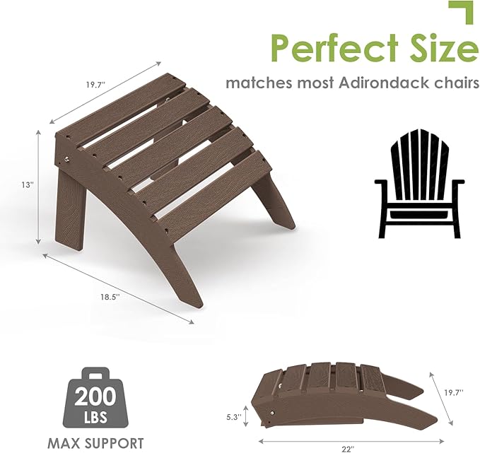 GREENVINES Adirondack-Ottoman | Wood Grain | HDPE Plastic | Outdoor Footrest | All Weather | Foot Rest | Foot Stool | Dark Brown | for Adirondack Chair-Ruum Studio Home