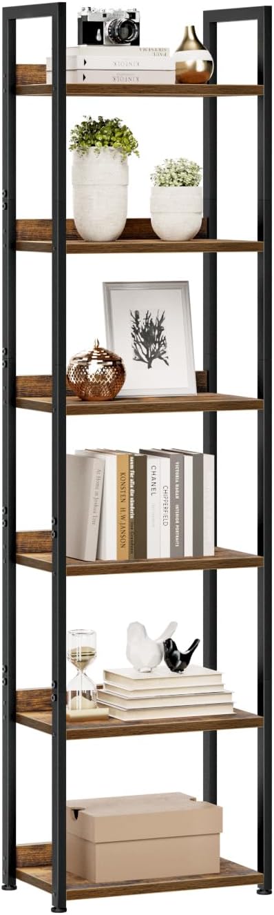 NUMENN Narrow Bookshelf, 6 Tier Bookshelves, Home Office Bookcase Shelf Storage Organizer, Free Standing Storage Shelving Unit for Bedroom, Living Room and Home Office, Vintage-Ruum Studio Home