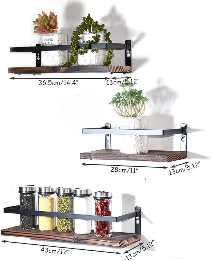 Floating Shelves Rustic Wood Wall Mounted Shelf Practical Metal Fence Design Ideal for Bedroom, Bathroom, Kitchen Set of 3(Brown)-Ruum Studio Home