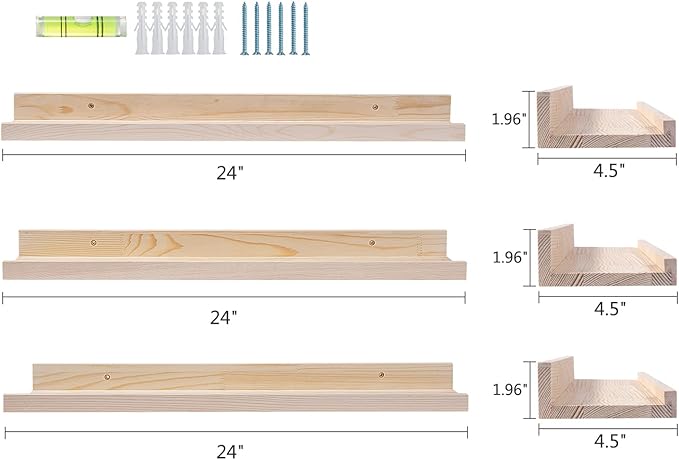 AZSKY Floating Picture Shelves 24 Inch a Set of 3 Wall Mount Long Narrow Photo Ledge Photo Frame Display Shelf Vintage Bookshelf for Nursery Mounting Hardware Included-Ruum Studio Home