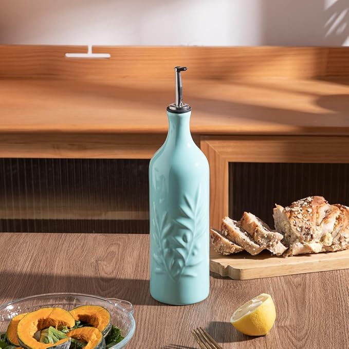 Sweejar Ceramic Olive Oil Dispenser Bottle, 24 Oz Relief Design EVOO Oil and Vinegar Dispensing Bottle with Spout for Kitchen, Set of 1 (Turquoise)-Ruum Studio Home