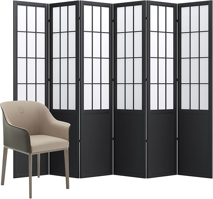Room Divider, 66.9Inch Tall Japanese Shoji Style Folding Wood Screen with Double Hinges for Home Office Bedroom Hotel Decoration (6Panels, Black)-Ruum Studio Home