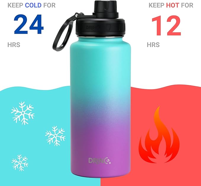 DRINCO Stainless Steel Water Bottle Spout Lid Vacuum Insulated Double Wall Water Bottle Wide Mouth (40oz 32oz 22oz 18oz 14oz) Leak Proof Keeps Cold or Hot (32 oz, 32oz Ombre Fuchsia Teal)-Ruum Studio Home