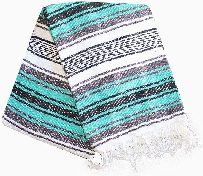 Del Mex Classic Mexican Blanket, Large Authentic Woven Falsa Throw (70"x50"), Artisan Southwest Décor for Beach, Yoga, Outdoors (Teal)-Ruum Studio Home