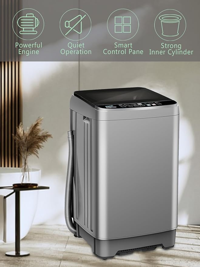 25 lbs Full Automatic Washing Machine with LED Display Compact Washing Machine with Drain Dump, 10 Wash Programs and 8 Water Levels Ideal for Dorms, Apartments, RV, Grey-Ruum Studio Home