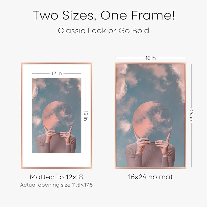 Homeforia 16x24 Picture Frame Rose Gold, High End Metal 16x24 Poster Frames with Mat 12x18 inch Photo, 16 x 24 Rose Gold Frame Matted to 12 by 18 Print, 24x16 Frame, Tempered Glass, Wall Kit, Set of 1-Ruum Studio Home