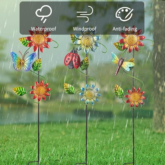 3 Pcs Sunflower＆Butterly＆Ladybug＆Dragonfly Decorative Garden Stakes,23.5 in Metal Sunflower Yard Art for Outside Decor,Spring Outdoor Decor for Mom,Women,Grandma-Ruum Studio Home