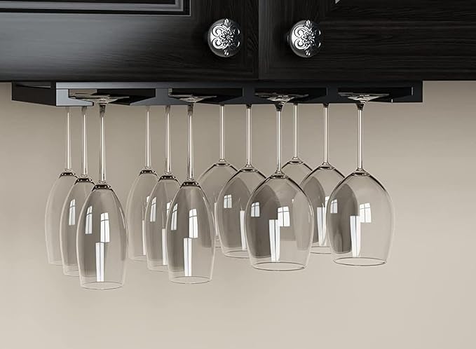 Rustic State Eze 4 Sectional Wood Under Cabinet Wine Glass Holder Wine Glass Rack Hanging Shelf Stemware Bar Organizer - 12 Wine Glass Storage - 10 Inch Deep - Black-Ruum Studio Home