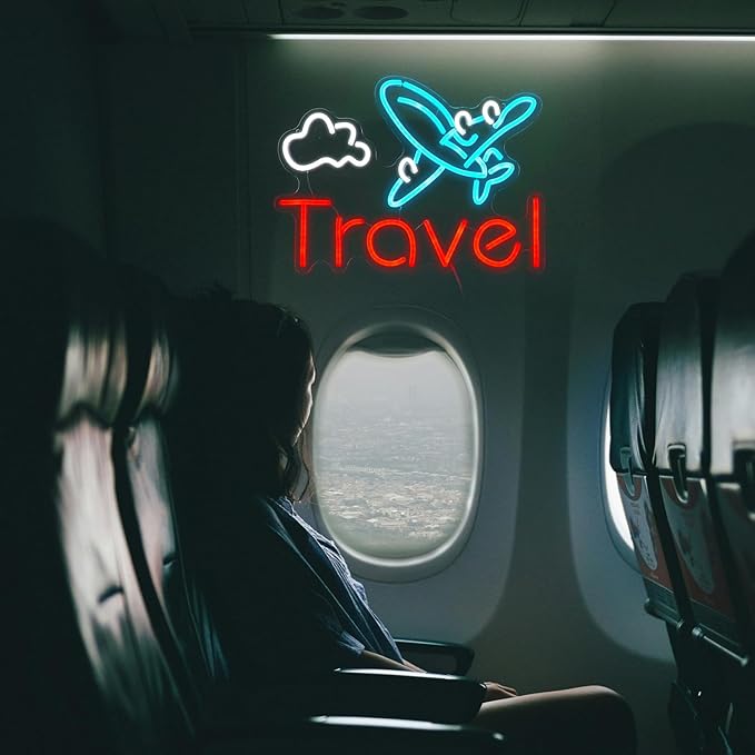 Travel Neon Sign USB Airplane LED Light Up Sign for Wall Decor Dimmable 12.2 * 16.5 In Go To Tranel Neon Light for Airport Travel Agency Bedroom(Ice Blue Red White)-Ruum Studio Home