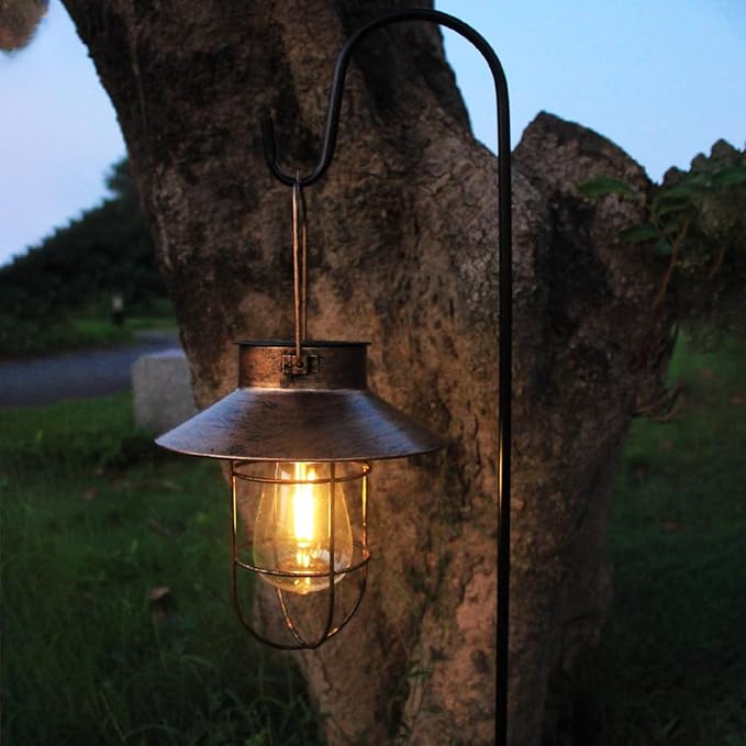 2 Pack Solar Lanterns, Outdoor Hanging Lights Metal with Shepherd Hook Warm White Edison Bulb Design for Garden and Birthday Gifts for Mom Grandma Wife ( Copper)-Ruum Studio Home