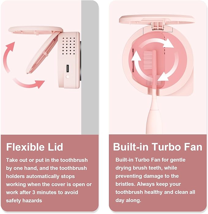 UV Toothbrush Sanitizer Holder, Toothbrush Sanitizer and Holder Cover Caps with Fan Drying, Rechargeable Portable Toothbrush Cleaner Case Fits Most Electric and Manual Toothbrushes (Pink)-Ruum Studio Home