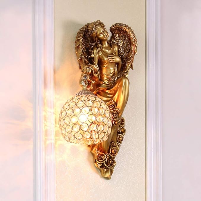 LITFAD Antique Spherical Sconce Light Decorated Bedside Lamp Clear Crystal 1 Light in Gold Wall Light Angel Wall Lamp for Bedroom Living Room Hotel - Left-Ruum Studio Home