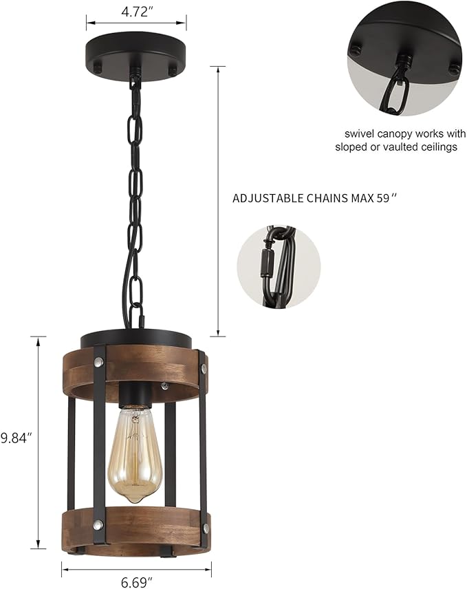 2 Pack Rustic Farmhouse Wood Pendant Light Fixture One-Light Adjustable Chain Oak Wood and Metal Drum Cage Small Pendant Lighting for Kitchen Island Sink Hallway Farmhouse Bathroom Bar, Black-Ruum Studio Home