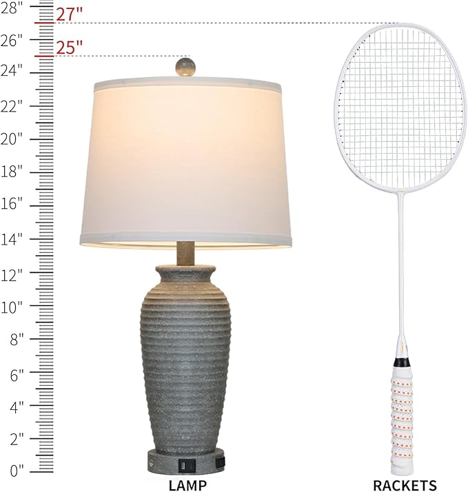 25" Grey Vintage Table Lamp Set of 2 Farmhouse Jar Table Lamps for Living Room，Touch Bedside Lamps with USB A+C Ports & AC Outlet, Pot Nightstand Lamps for Bedroom Living Room (LED Bulbs Included)-Ruum Studio Home