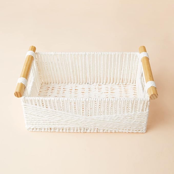 LA JOLIE MUSE Wicker Storage Baskets for Organizing, Recyclable Paper Rope Basket with Wood Handles, Decorative Hand Woven Basket Organizers for Makeup Books Shelves Living Room, White, Set of 2-Ruum Studio Home