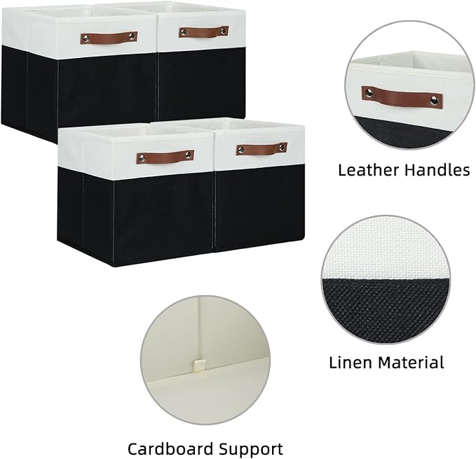 HNZIGE Cubes Storage Bins Set of 4,11 x 11 Fabric Storage Cube Baskets for Storage,Decorative Storage Bins for Shelves with Handles,Closet Clothes Baskets for Organizing Home(Black White)-Ruum Studio Home
