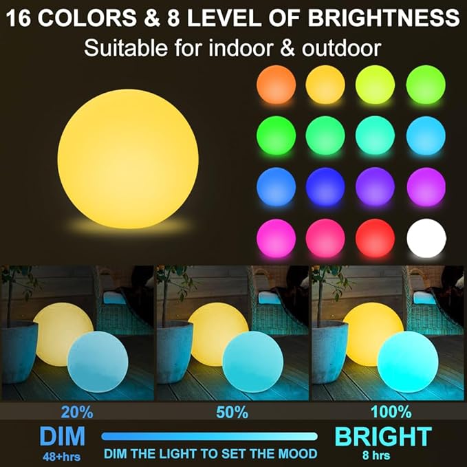 Globe Floor Lamp, 14-in Rechargeable LED Ball Light Globe Light w/Remote, Versatile Glowing Orb Mood Lamps Waterproof Outdoor Orb Lamp, Dimmable RGB Color Changing Light Up Ball for Home Garden Yard-Ruum Studio Home