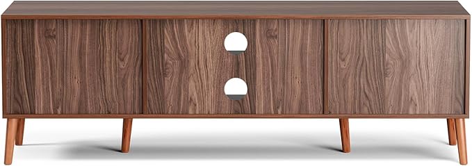 TV Stand for TVs up to 65'', Entertainment Center With Rattan Door, Shelves & 2 Cabinets, Long Boho Media Console for Living Room, Walnut-Ruum Studio Home