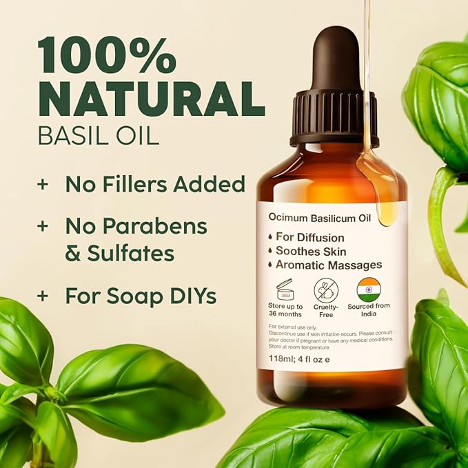 Kukka Basil Essential Oil for Diffusers - 4 Fl Oz - 100% Pure Natural Basil Oil for Skin & Aromatherapy Scent Massage Candles & Soaps Making Scent-Ruum Studio Home
