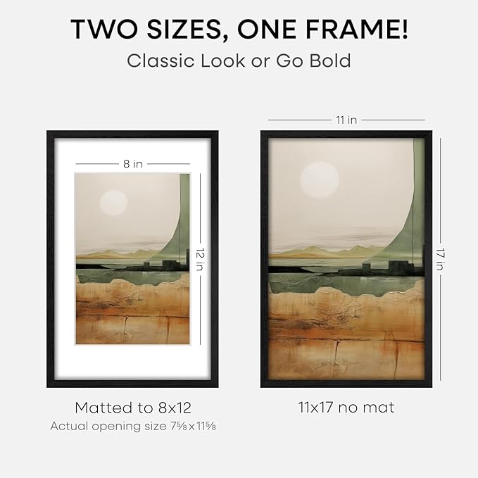Homeforia 11x17 Picture Frame Black Wood, High End Oak 11x17 Poster Frames with Mat 8x12, 11 x 17 Wooden Frame Matted to 8 x 12 inch Photo, 17x11 Thin Hanging Frame, Tempered Glass, Wall Kit, Set of 1-Ruum Studio Home
