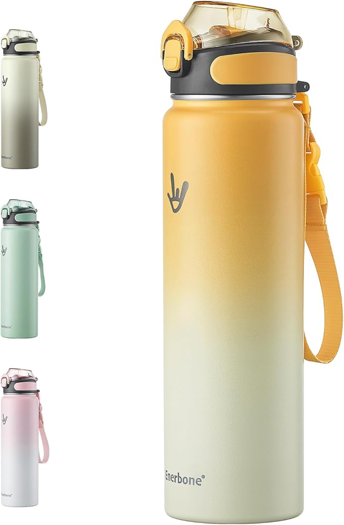 Enerbone 32 oz Insulated Water Bottle, Stainless Steel Bottle with Carrying Strap, Double-Wall Vacuum Insulation Design, Leakproof Sports Bottle with Straw, Keep Drinks Cold or Hot for Hours-Ruum Studio Home