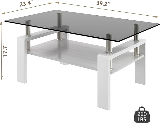 Glass Coffee Table Rectangle Living Room Center Table, with Gray Tempered Glass Tabletop and White MDF Layer,for Living Room and Office, Gray+White-Ruum Studio Home