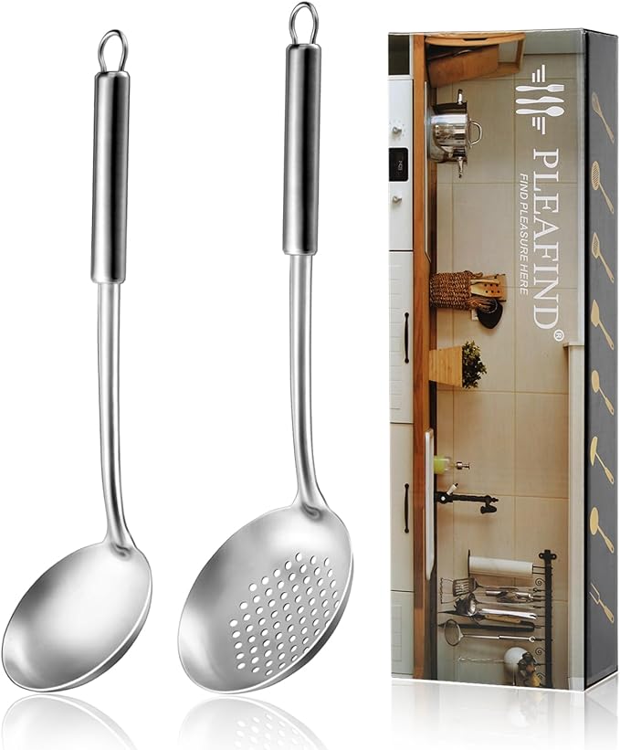 Pleafind 2-Pcs Ladle and Slotted Spoon, Soup Ladle and Strainer Spoons, Stainless Steel Cooking Spoon and Skimmer Spoons, Kitchen Utensils, Wok Utensils for Home and Restaurant, Dishwasher Safe-Ruum Studio Home