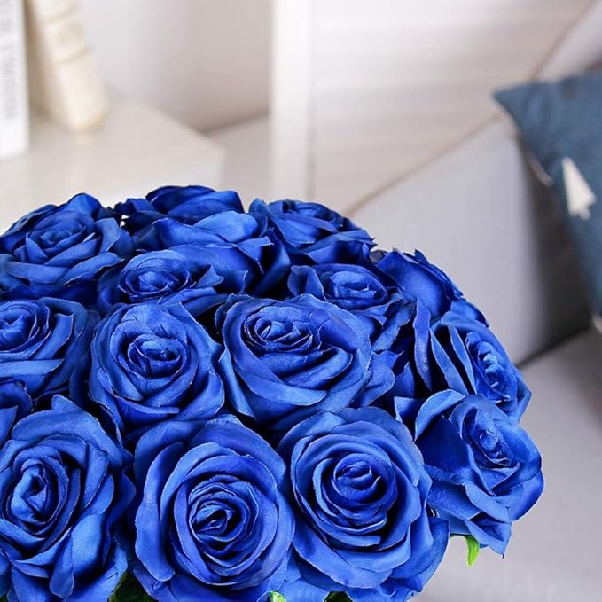 Blue Fake Roses Artificial Flowers - 16 Pcs Fake Artificial Roses Silk Flowers with Stems for Home Wedding Hotel Office Centerpiece Decor-Ruum Studio Home
