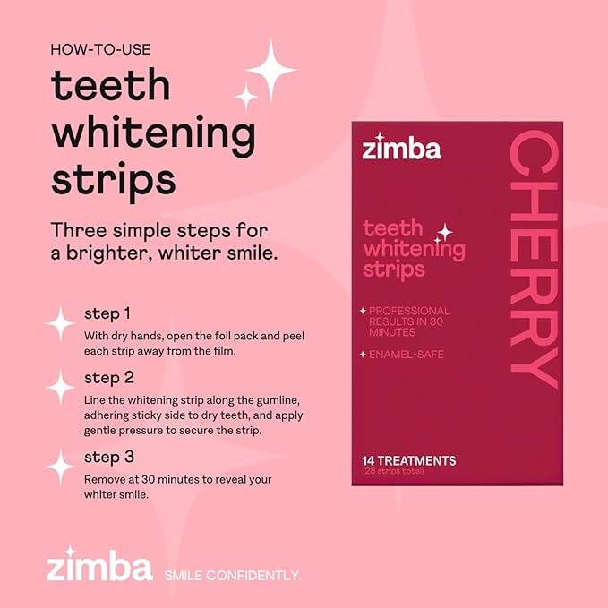 New Zimba Cherry Flavored Teeth Whitening Strips | Vegan, Enamel Safe Hydrogen Peroxide Teeth Whitener for Coffee, Wine, Tobacco, and Other Stains | 14 Day Treatment | Cherry-Ruum Studio Home