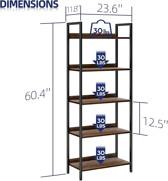 NUMENN Bookshelf, 5 Tier Bookshelves, Home Office Bookcase Shelf Storage Organizer, Free Standing Storage Shelving Unit for Bedroom, Living Room and Home Office, Dark Walnut-Ruum Studio Home
