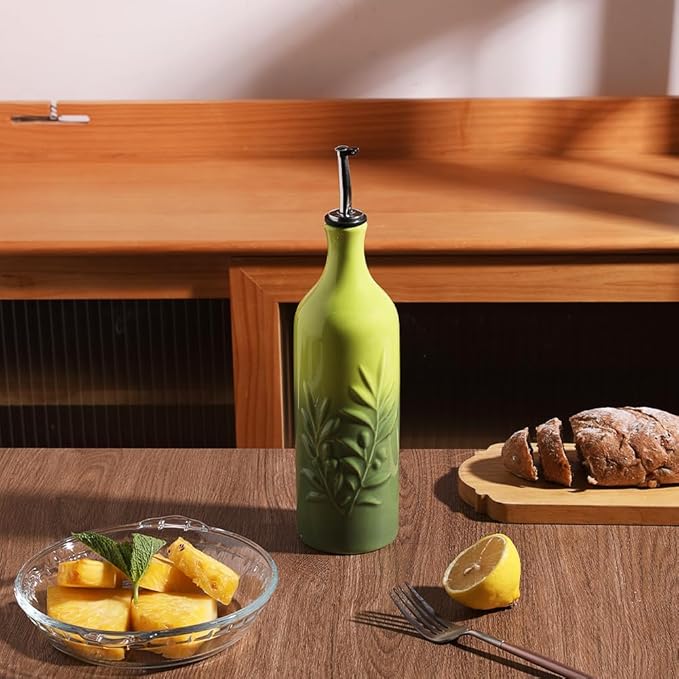 Sweejar Large Ceramic Olive Oil Dispenser Bottle, 24 Oz Relief Opaque Oil Cruet Protects Oil To Reduce Oxidation, Storage Vinegar, Soy Sauce, Coffee Syrup, Liquids, Set of 1 (Gradient Green)-Ruum Studio Home
